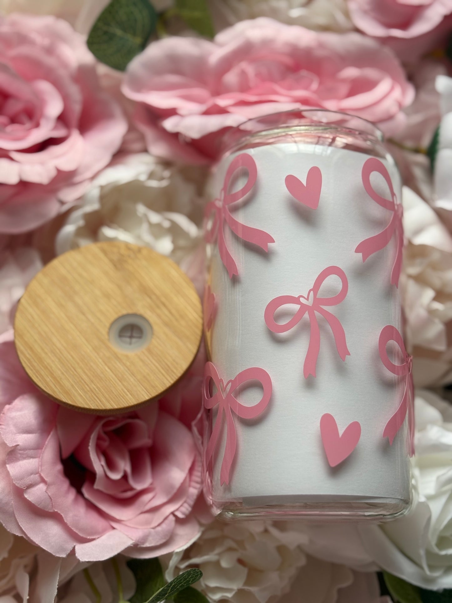 16 oz Clear Glass Can | Blush Pink Bow and Heart Design