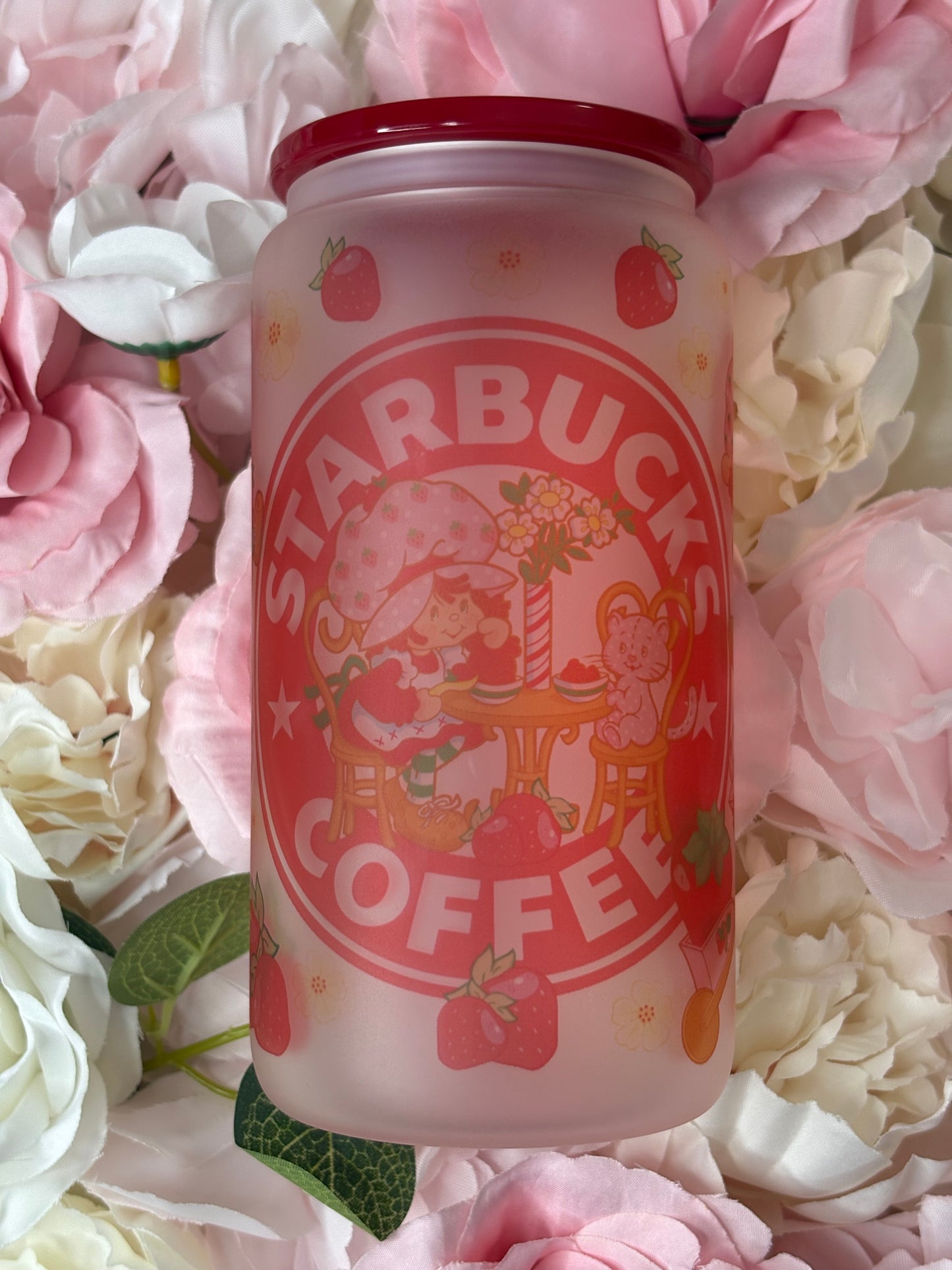 16 oz Frosted Glass Can | Strawberry Design