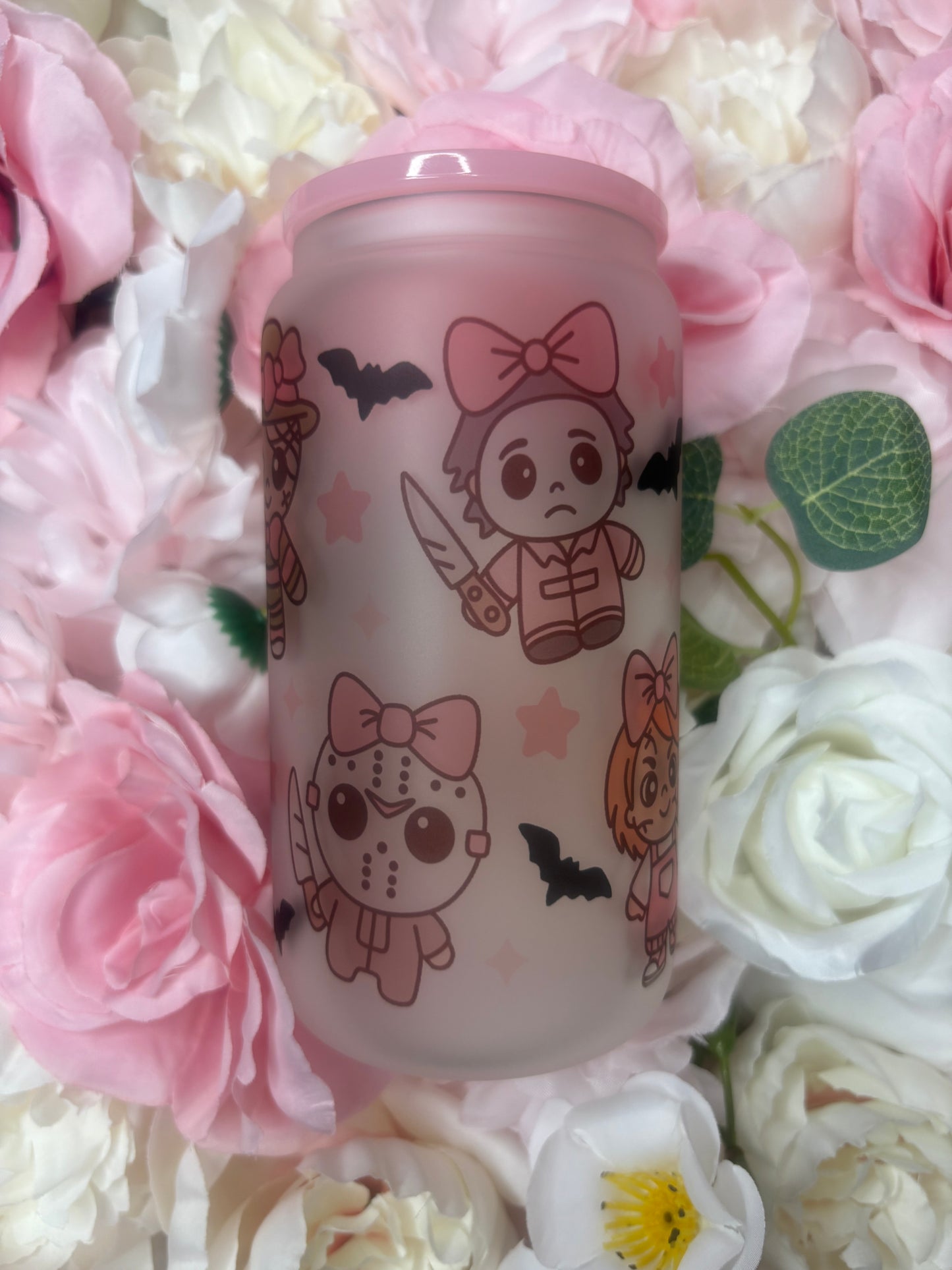 16 oz Frosted Glass Can | Coquette Halloween | Pink