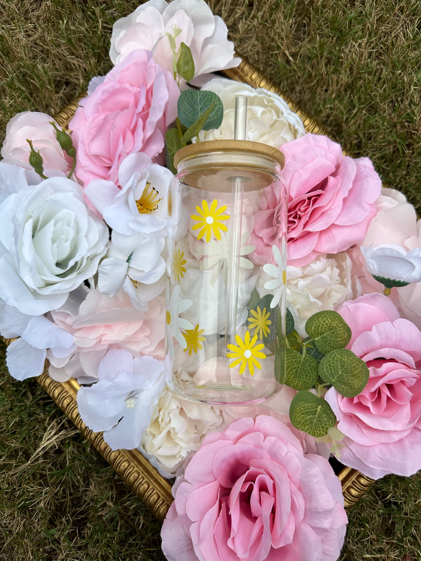 16 oz Glass Cup | White Daisy | Yellow Daisy