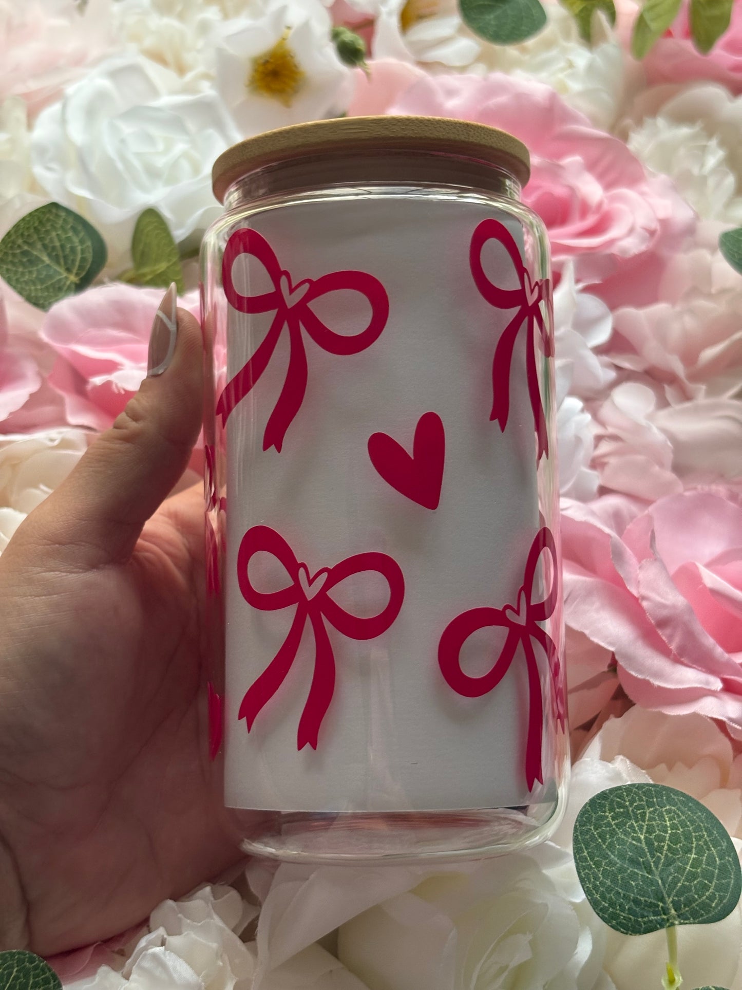 16 oz Clear Glass Can | Dark Pink Bow and Heart Design