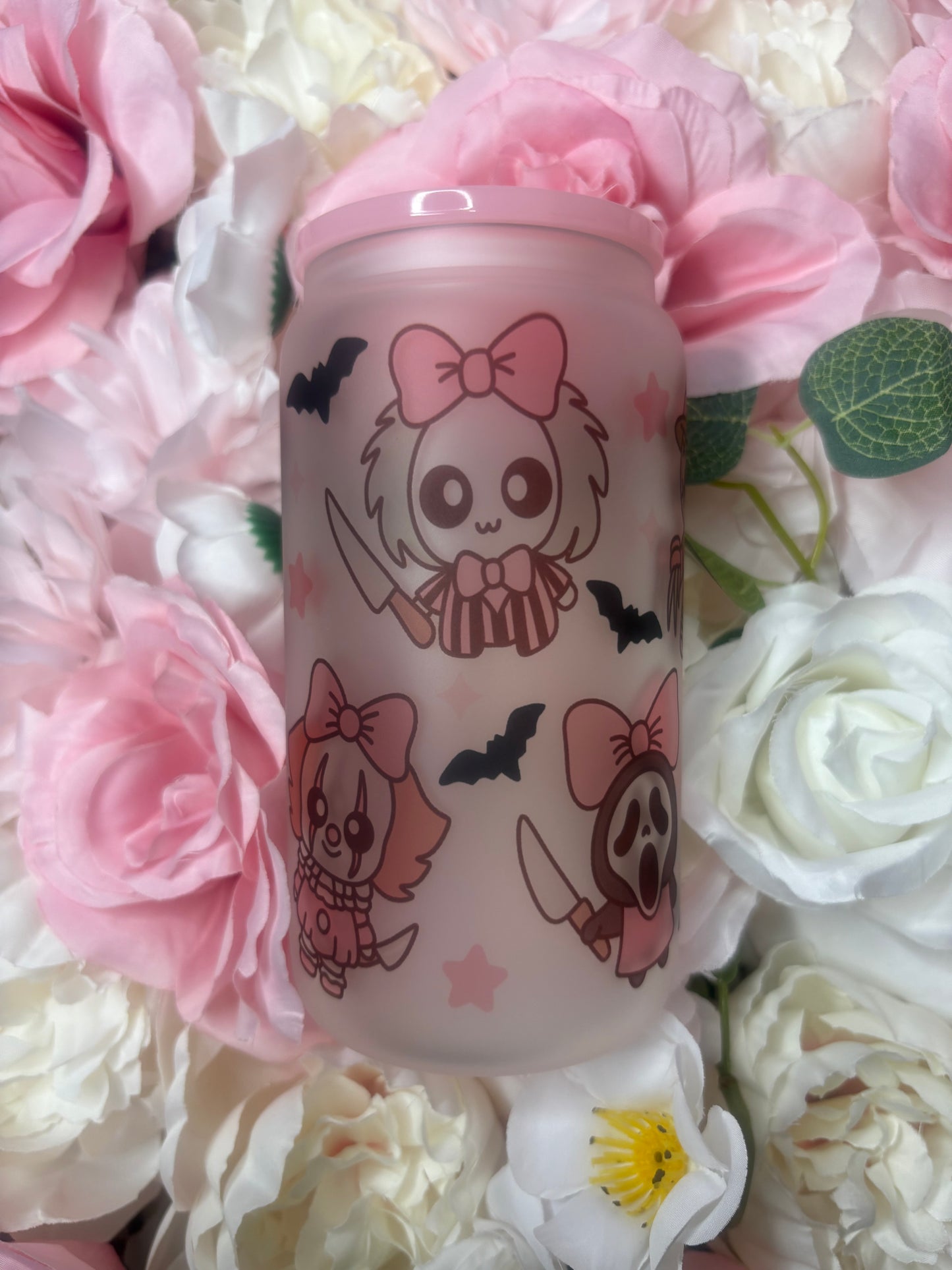 16 oz Frosted Glass Can | Coquette Halloween | Pink