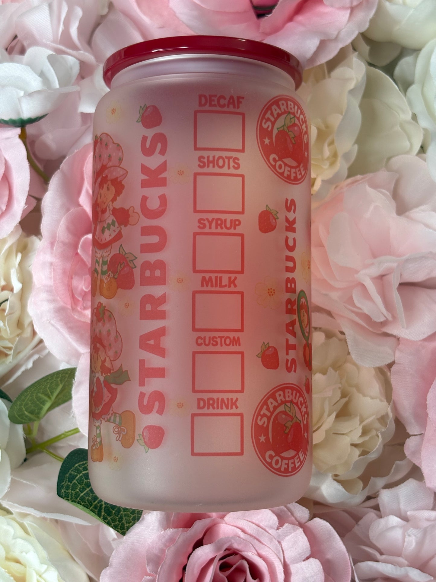 16 oz Frosted Glass Can | Strawberry Design