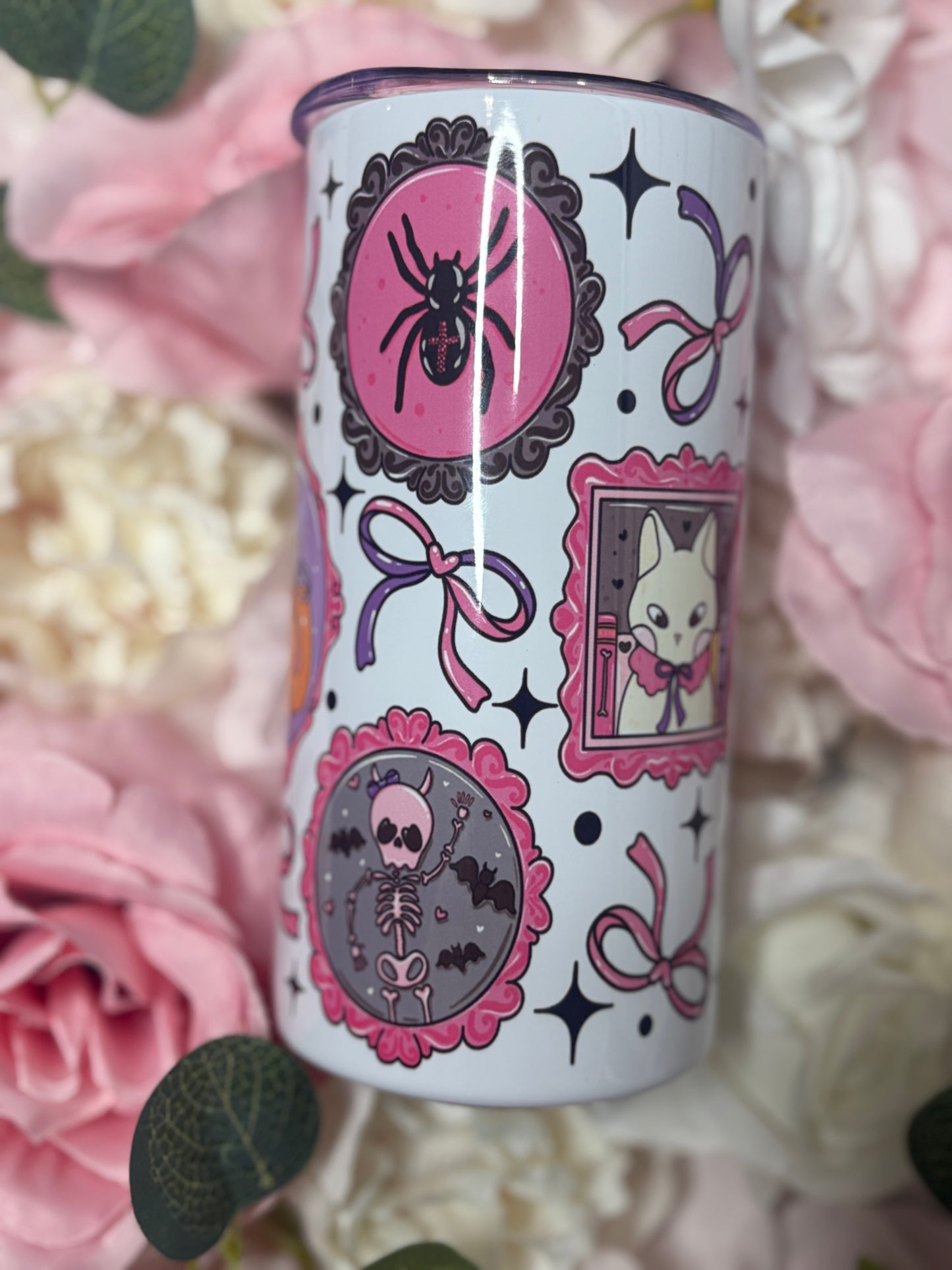 12 oz Mini Skinny Tumbler | Coquette Halloween Themed | Cute Ghost and Cat