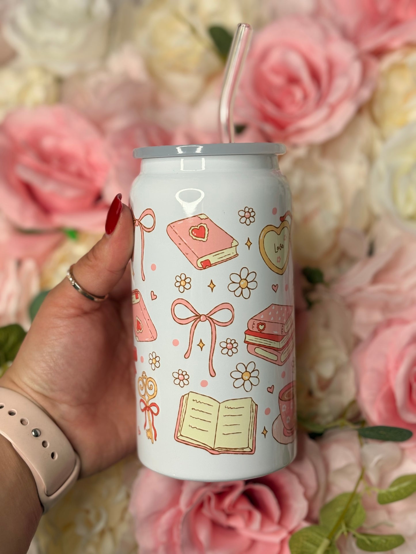16 oz Stainless Steel Can | Bookish Girly | Cherry | Roses