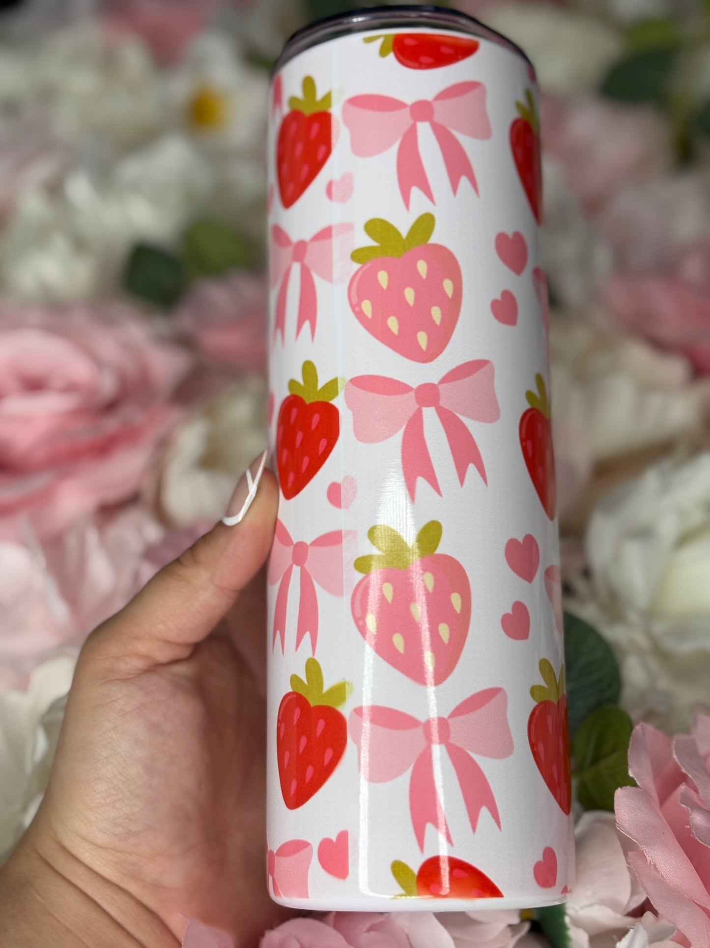 20 oz Skinny Tumbler | Pink and Red Strawberry Design with Bows