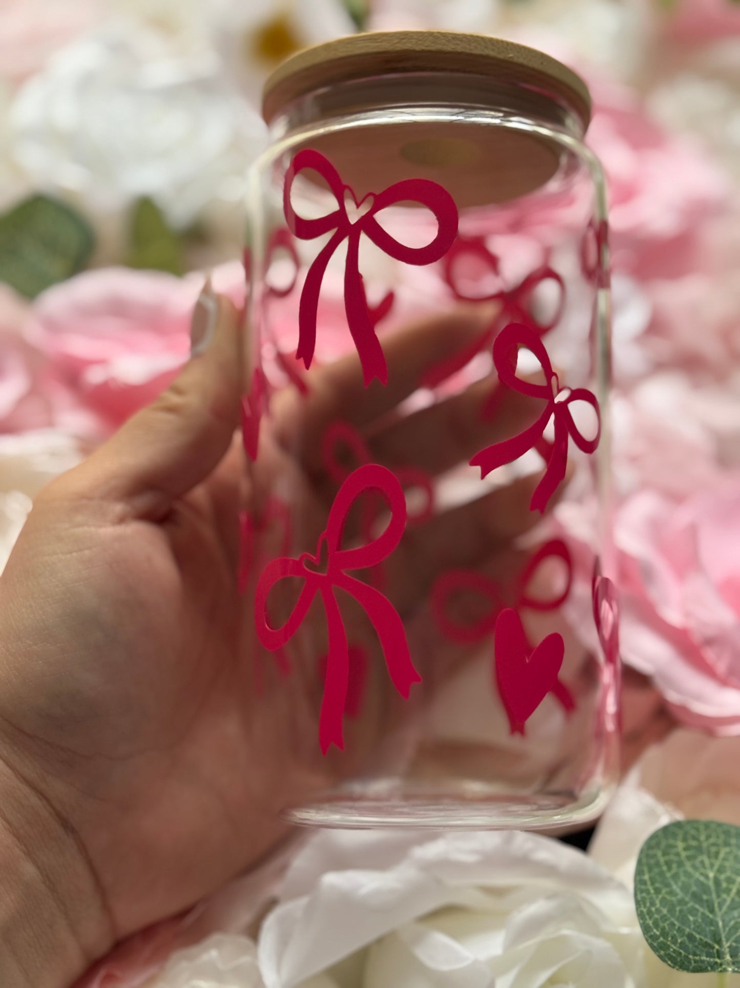 16 oz Clear Glass Can | Dark Pink Bow and Heart Design