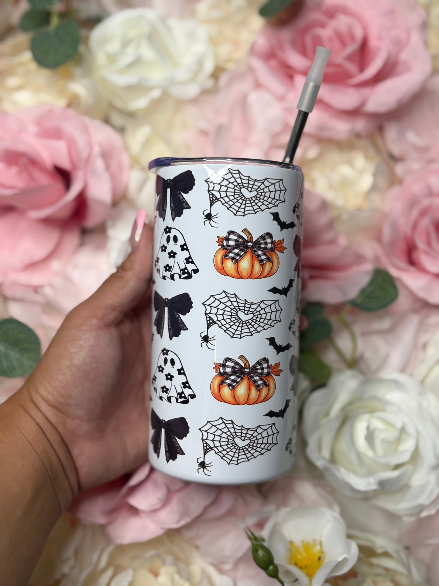 12 oz Skinny Tumbler | Orange and Black | Halloween Themed