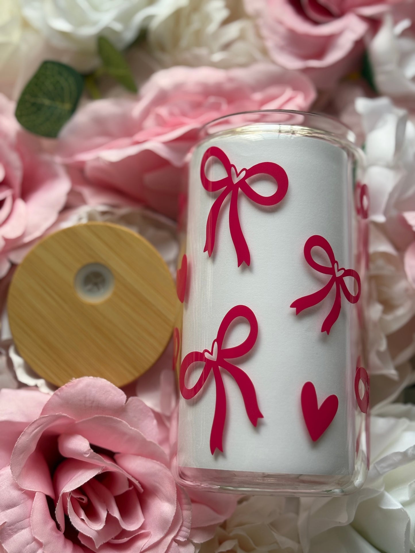 16 oz Clear Glass Can | Dark Pink Bow and Heart Design