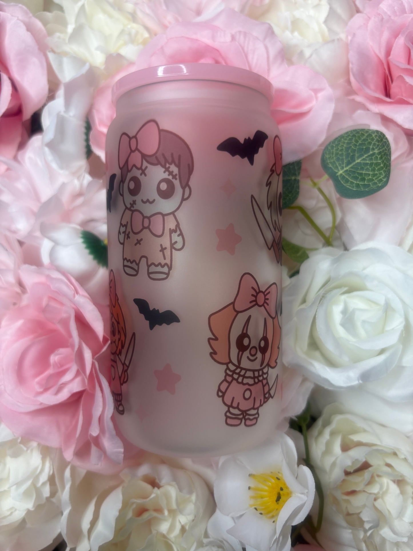 16 oz Frosted Glass Can | Coquette Halloween | Pink
