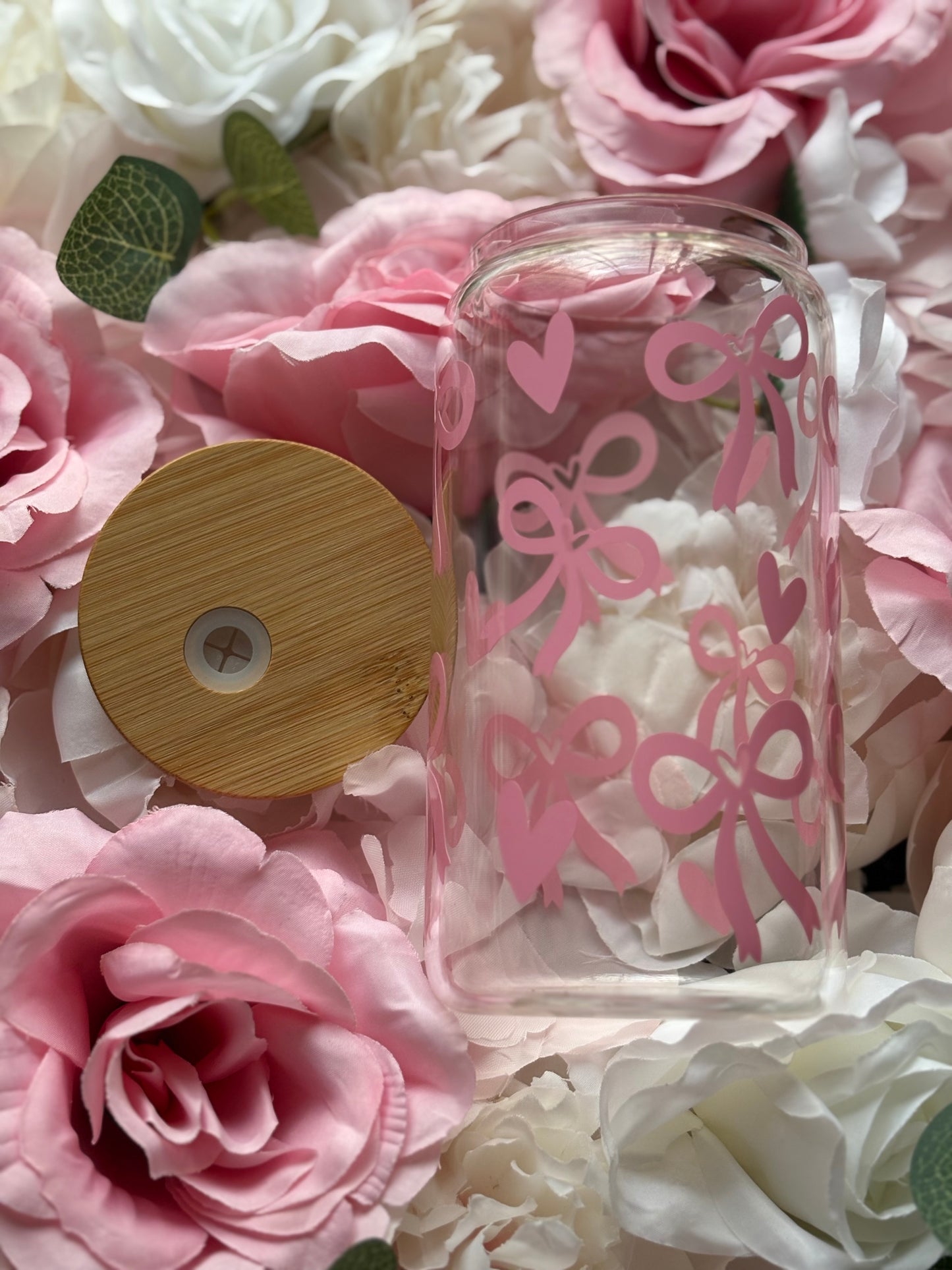 16 oz Clear Glass Can | Blush Pink Bow and Heart Design