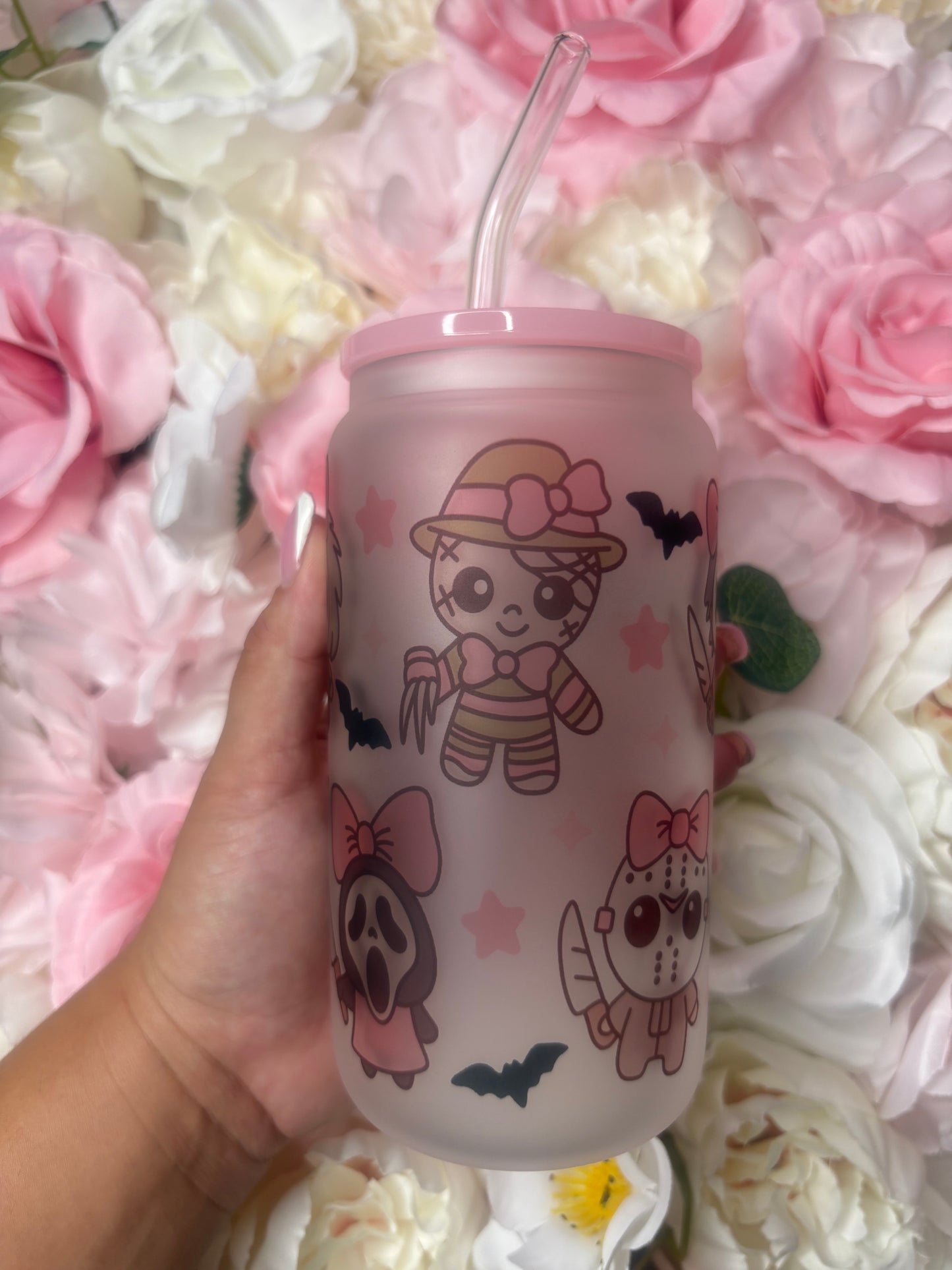 16 oz Frosted Glass Can | Coquette Halloween | Pink