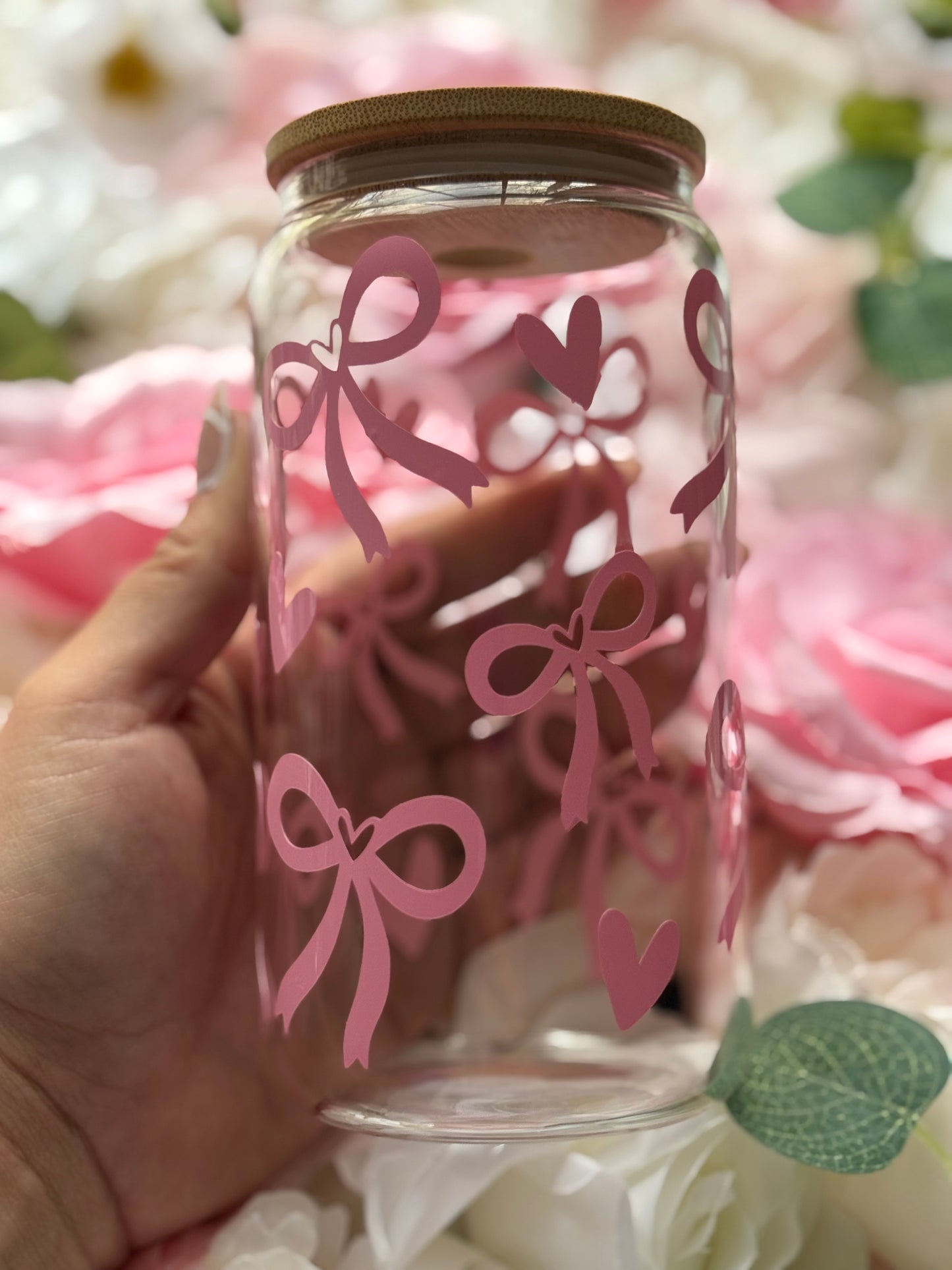 16 oz Clear Glass Can | Blush Pink Bow and Heart Design