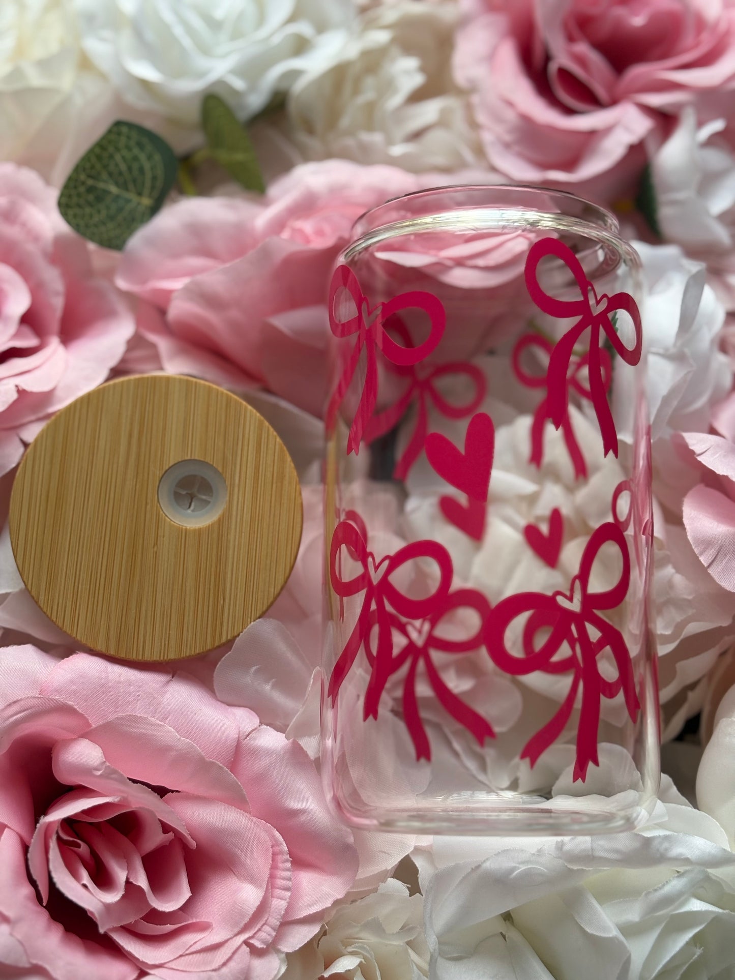 16 oz Clear Glass Can | Dark Pink Bow and Heart Design