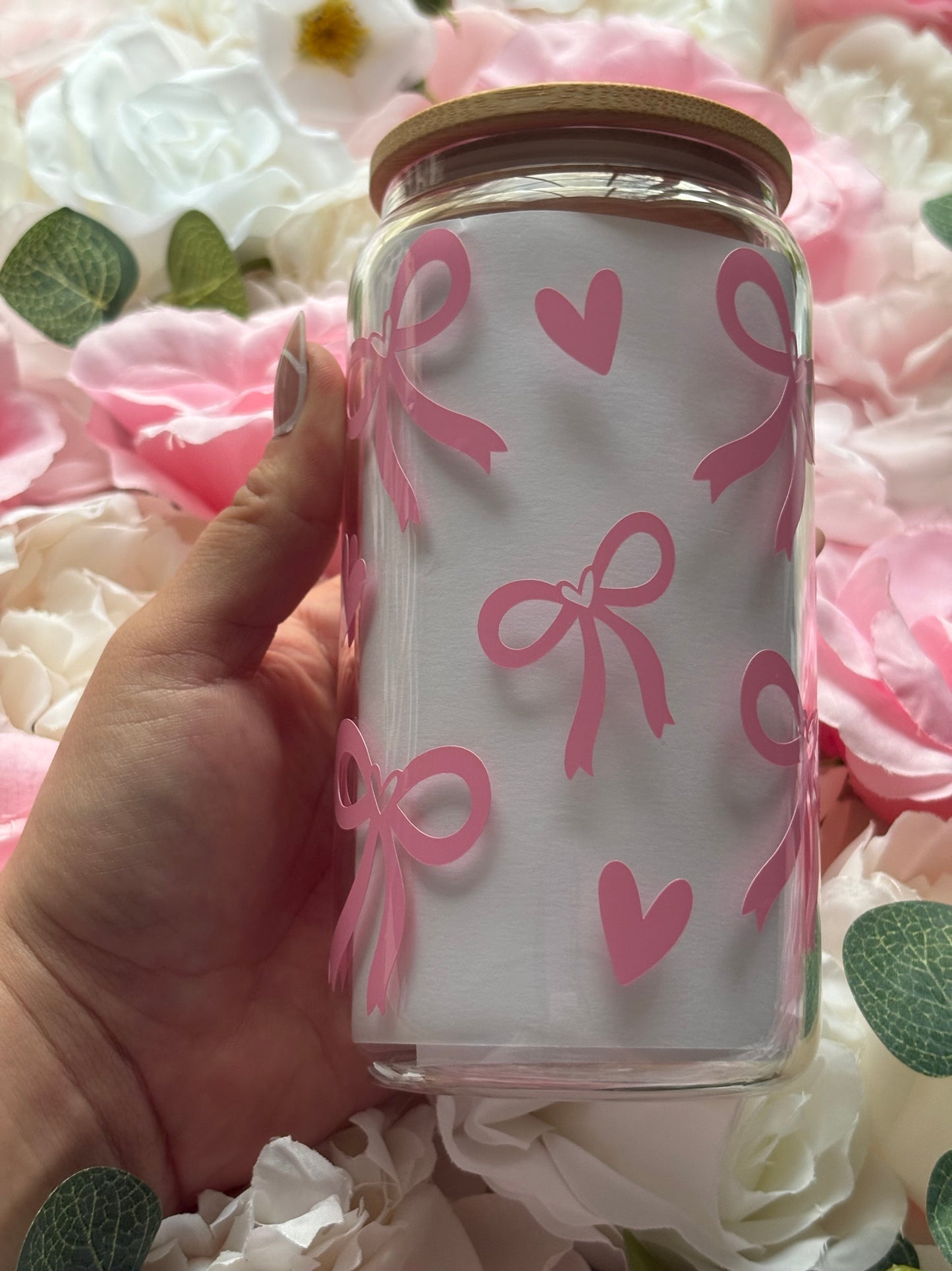 16 oz Clear Glass Can | Blush Pink Bow and Heart Design