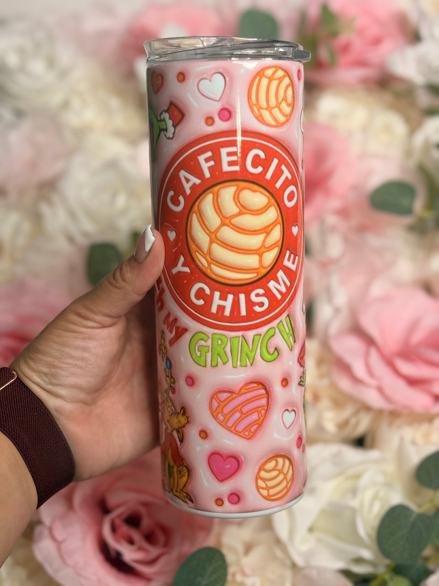 20 oz Skinny Tumbler | Cafecito y Chisme | Christmas Themed | Red | Pink |