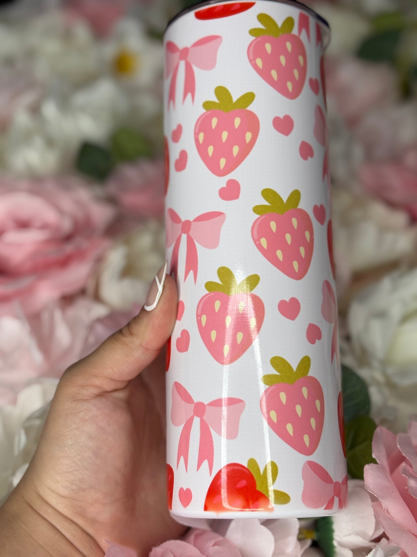 20 oz Skinny Tumbler | Pink and Red Strawberry Design with Bows