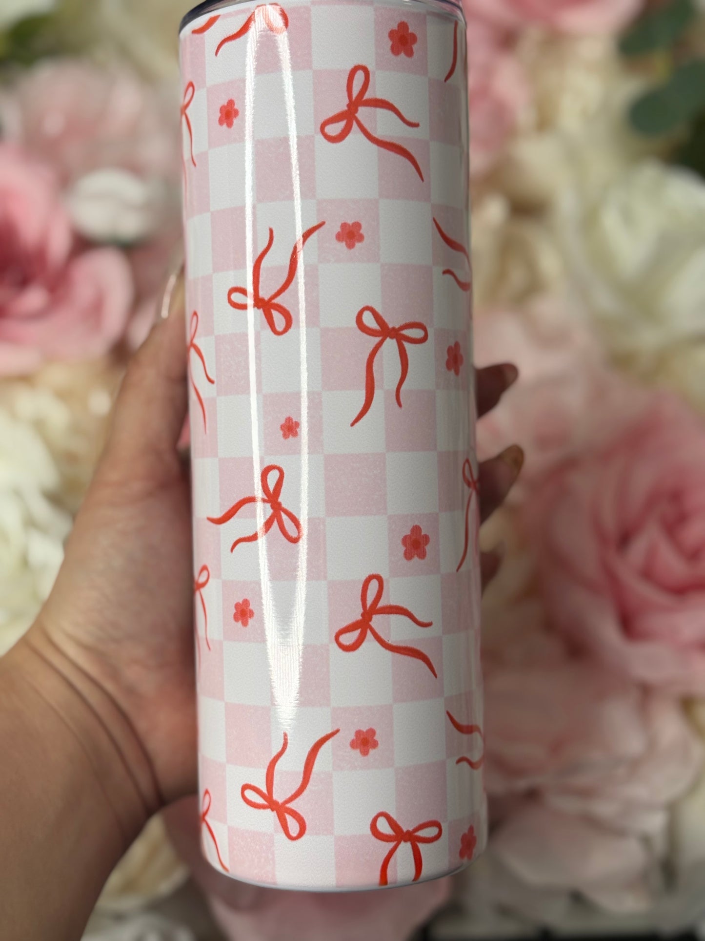 20 oz Skinny Tumbler | Coquette-Themed With Pink Checkered Print And Red Bows