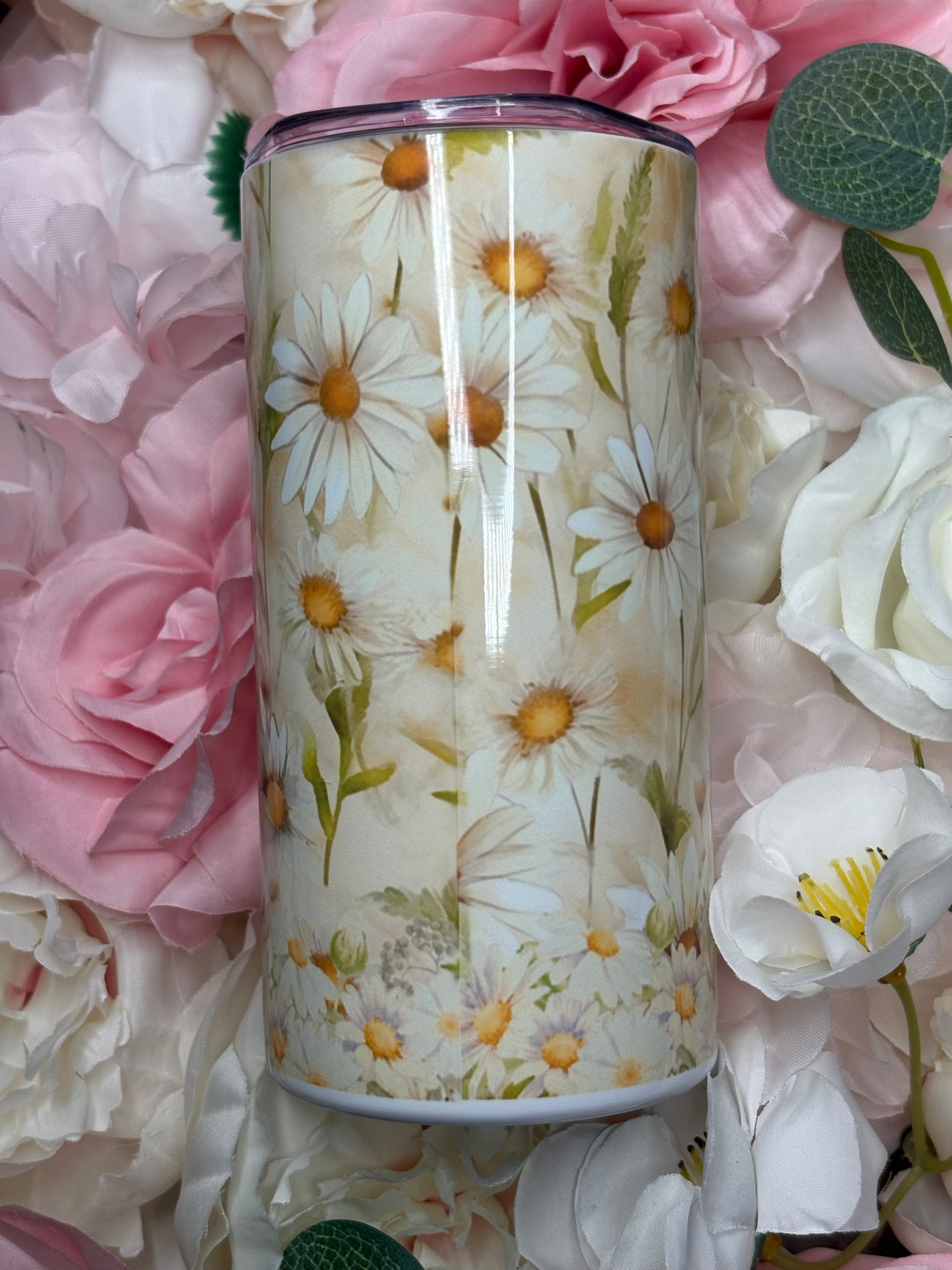 12 oz Skinny Tumbler | Cute Cow with Flowers
