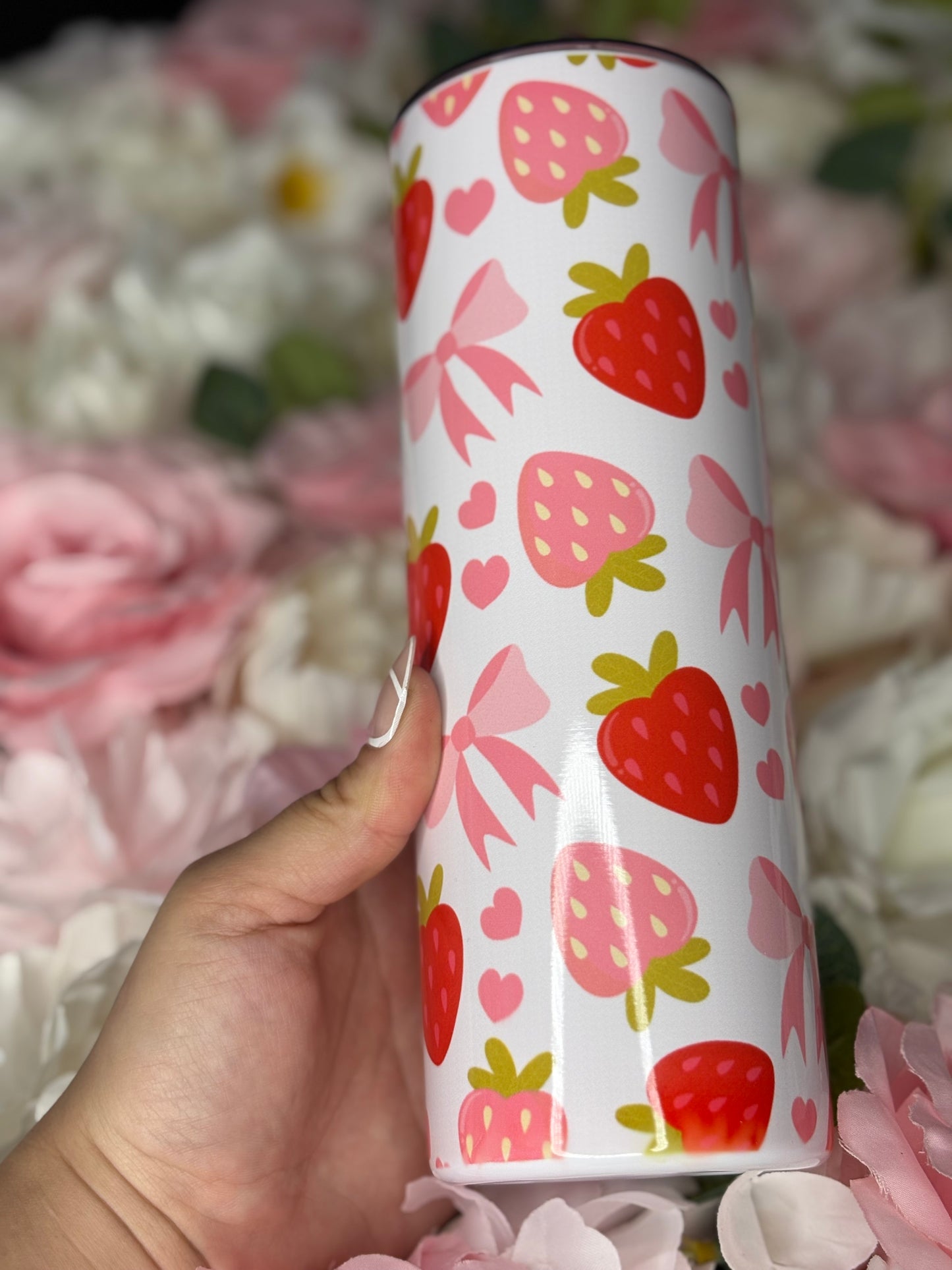 20 oz Skinny Tumbler | Pink and Red Strawberry Design with Bows