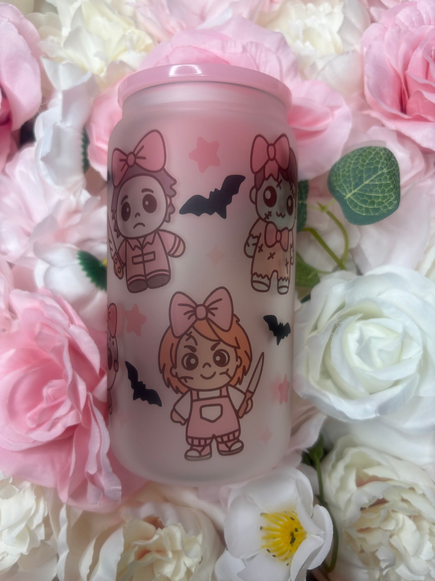 16 oz Frosted Glass Can | Coquette Halloween | Pink