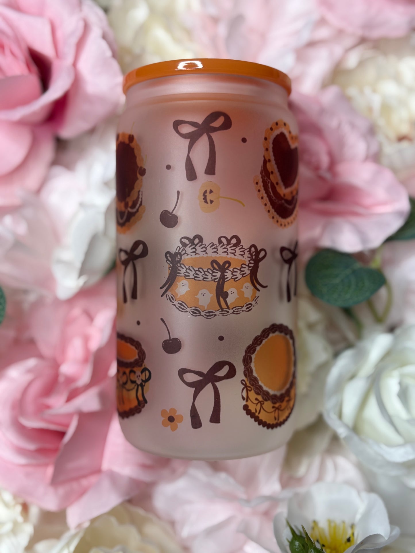 16 oz Frosted Glass | Orange and Black | Halloween Coquette Themed