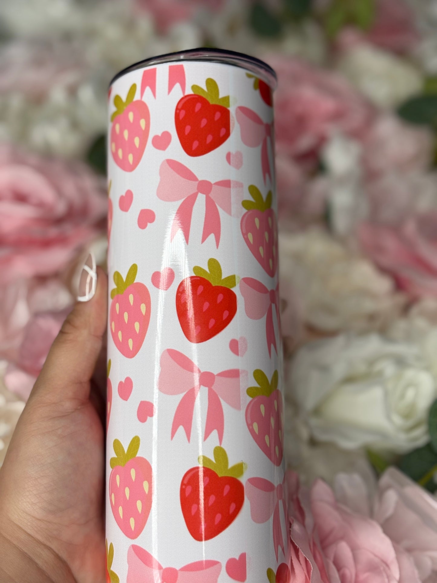 20 oz Skinny Tumbler | Pink and Red Strawberry Design with Bows