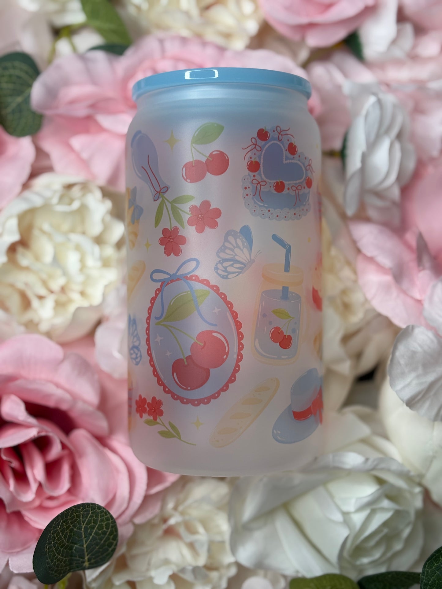16 oz Frosted Glass Can | Coquette Themed with Cherry’s