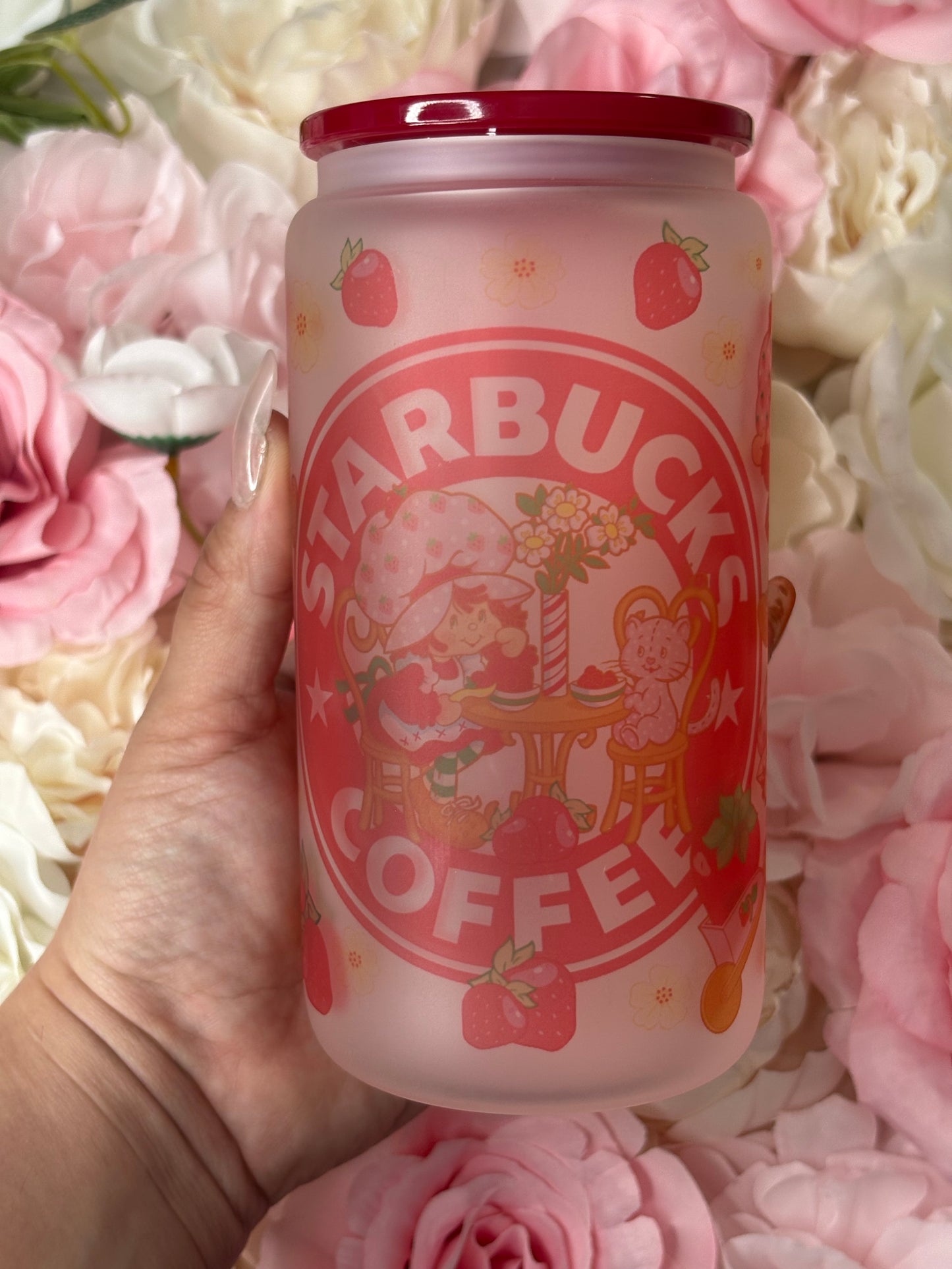 16 oz Frosted Glass Can | Strawberry Design
