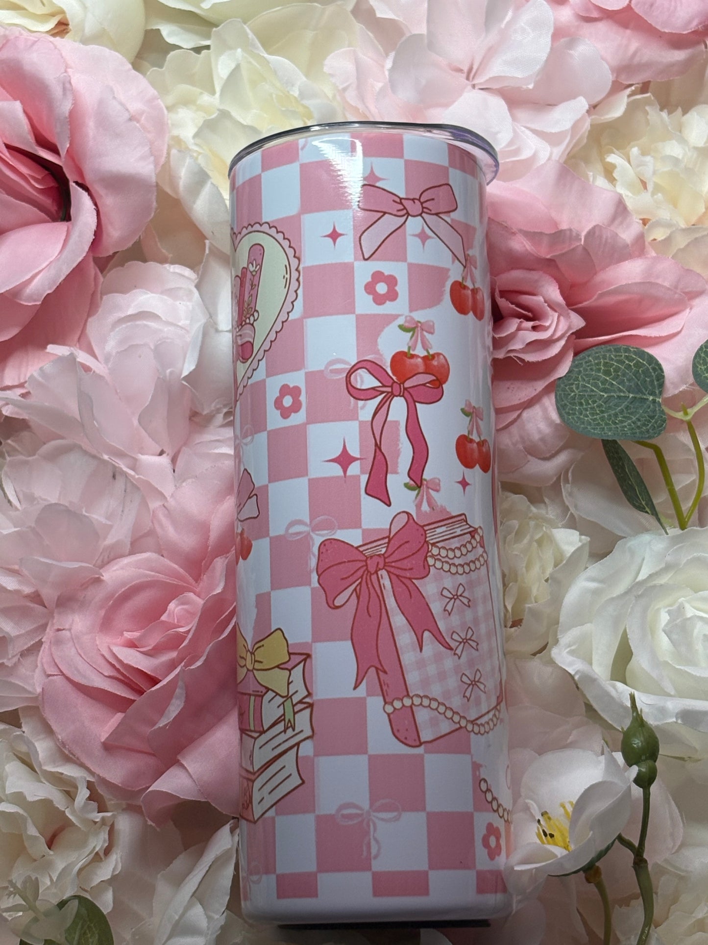 20 oz Skinny Tumbler | Pink and White | Coquette Skelton | Bookish