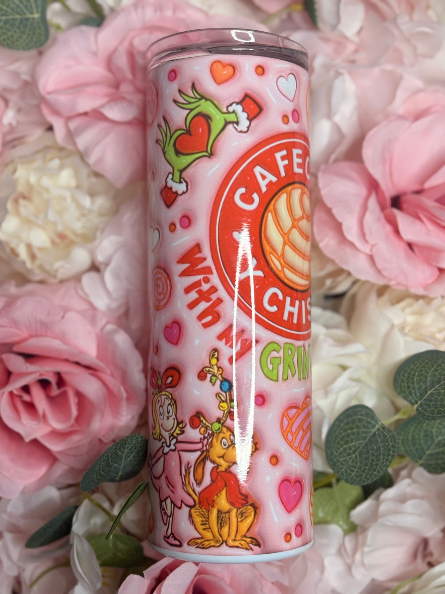 20 oz Skinny Tumbler | Cafecito y Chisme | Christmas Themed | Red | Pink |