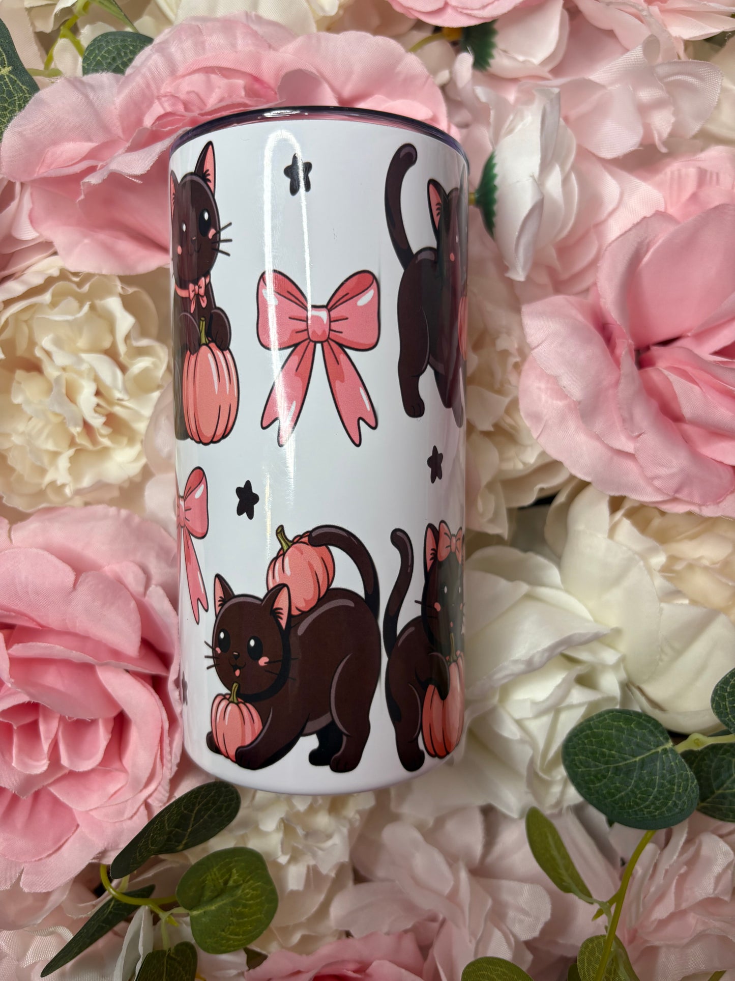 12 oz Mini Skinny Tumbler | Cocquette Black Cat And Pink Pumpkins