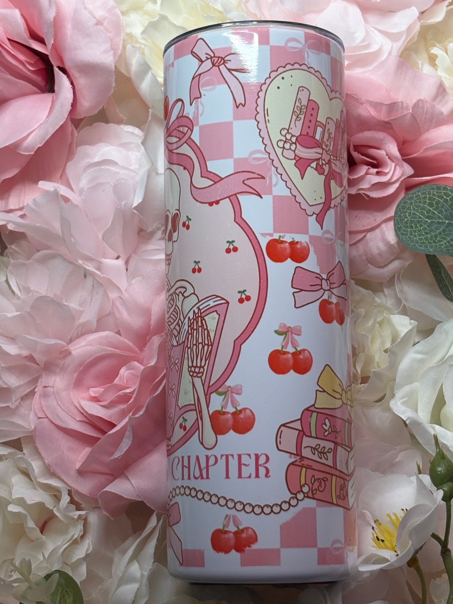 20 oz Skinny Tumbler | Pink and White | Coquette Skelton | Bookish