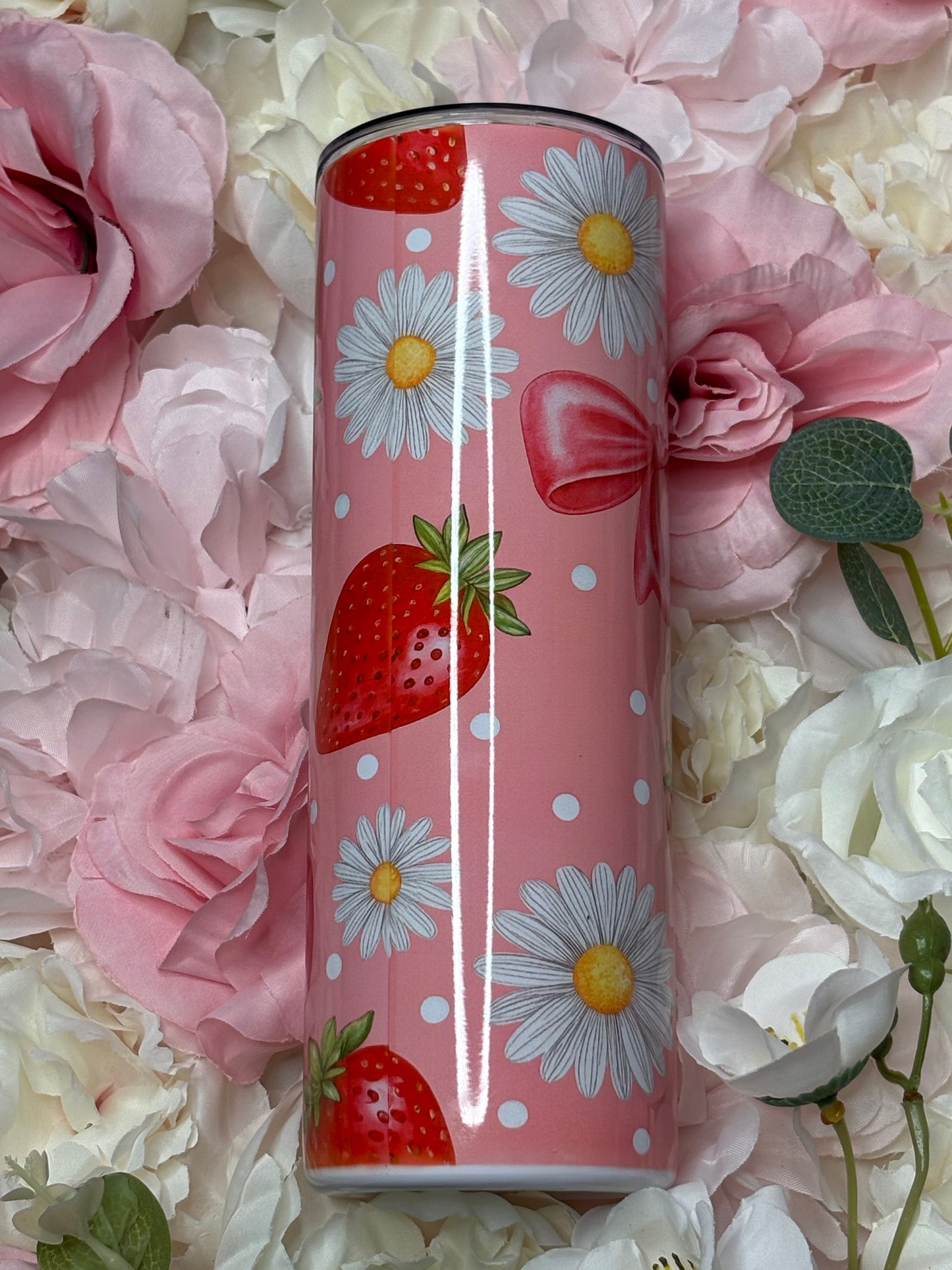 20 oz Skinny Tumbler | Pink, White, Red | Strawberry, Bow and Daisy