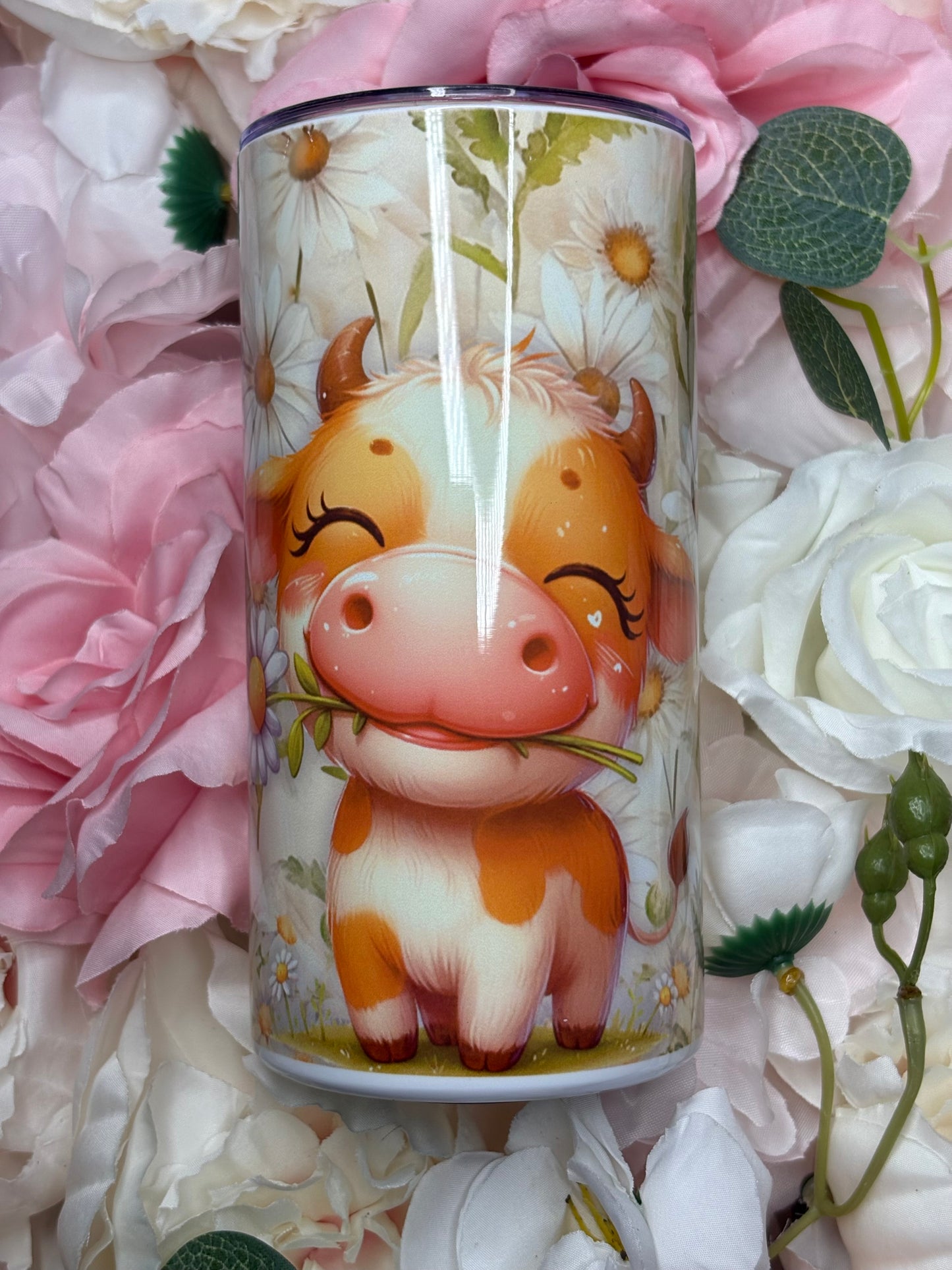 12 oz Skinny Tumbler | Cute Cow with Flowers
