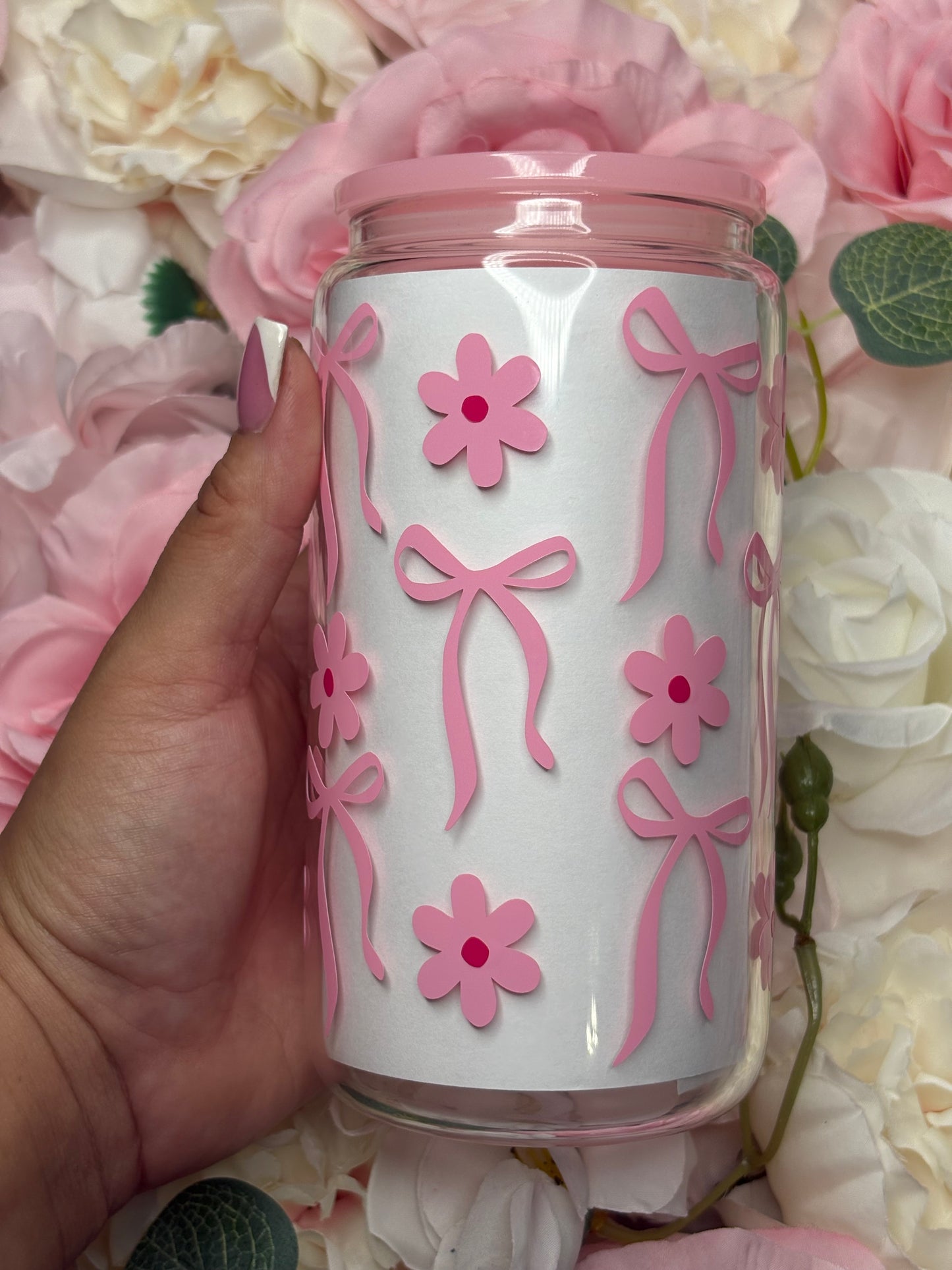 16 oz Glass Can | Pink | Bow with Flowers | Vinyl Design