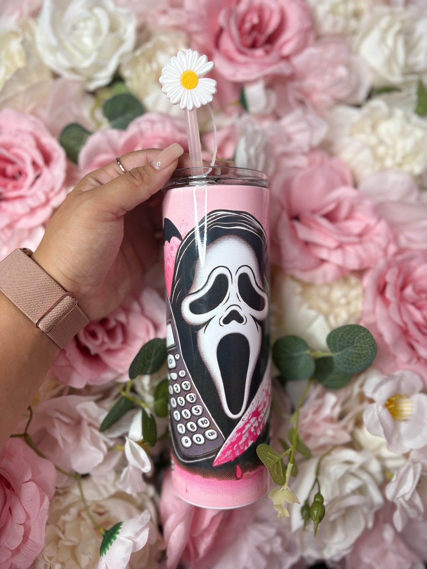 20 oz Skinny Tumbler | Pink |Scream | Halloween Themed