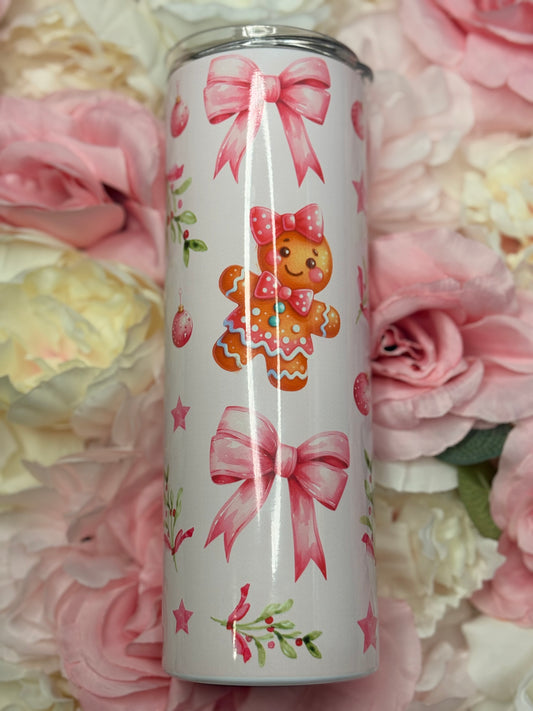 20 oz Skinny Tumbler | Cute Gingerbread Girl | Pink | Christmas Themed