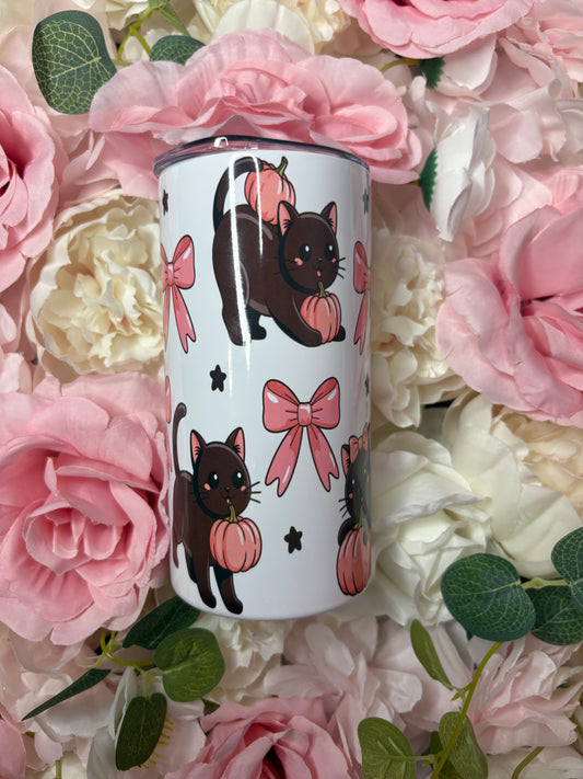 12 oz Mini Skinny Tumbler | Cocquette Black Cat And Pink Pumpkins