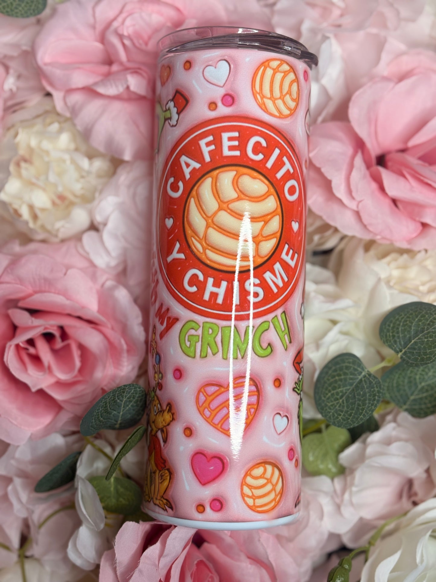 20 oz Skinny Tumbler | Cafecito y Chisme | Christmas Themed | Red | Pink |