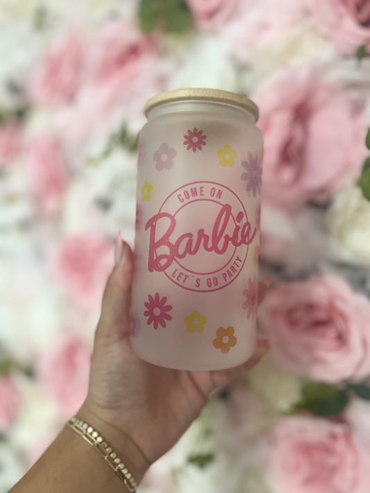 16 oz Frosted Glass Cup | Barbie | Flowers