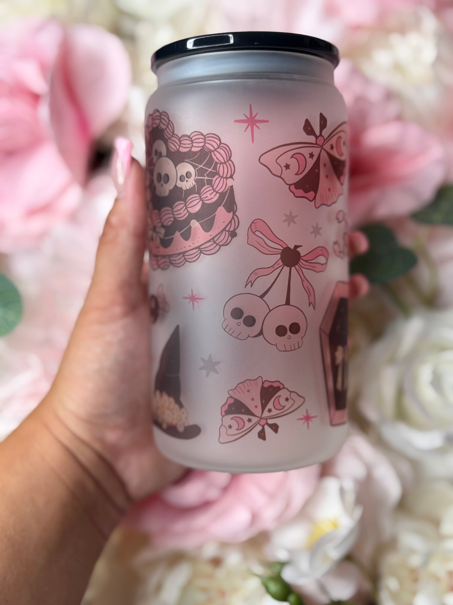 16 oz Frosted Glass Can | Pink and Black Aesthetic Vintage Halloween