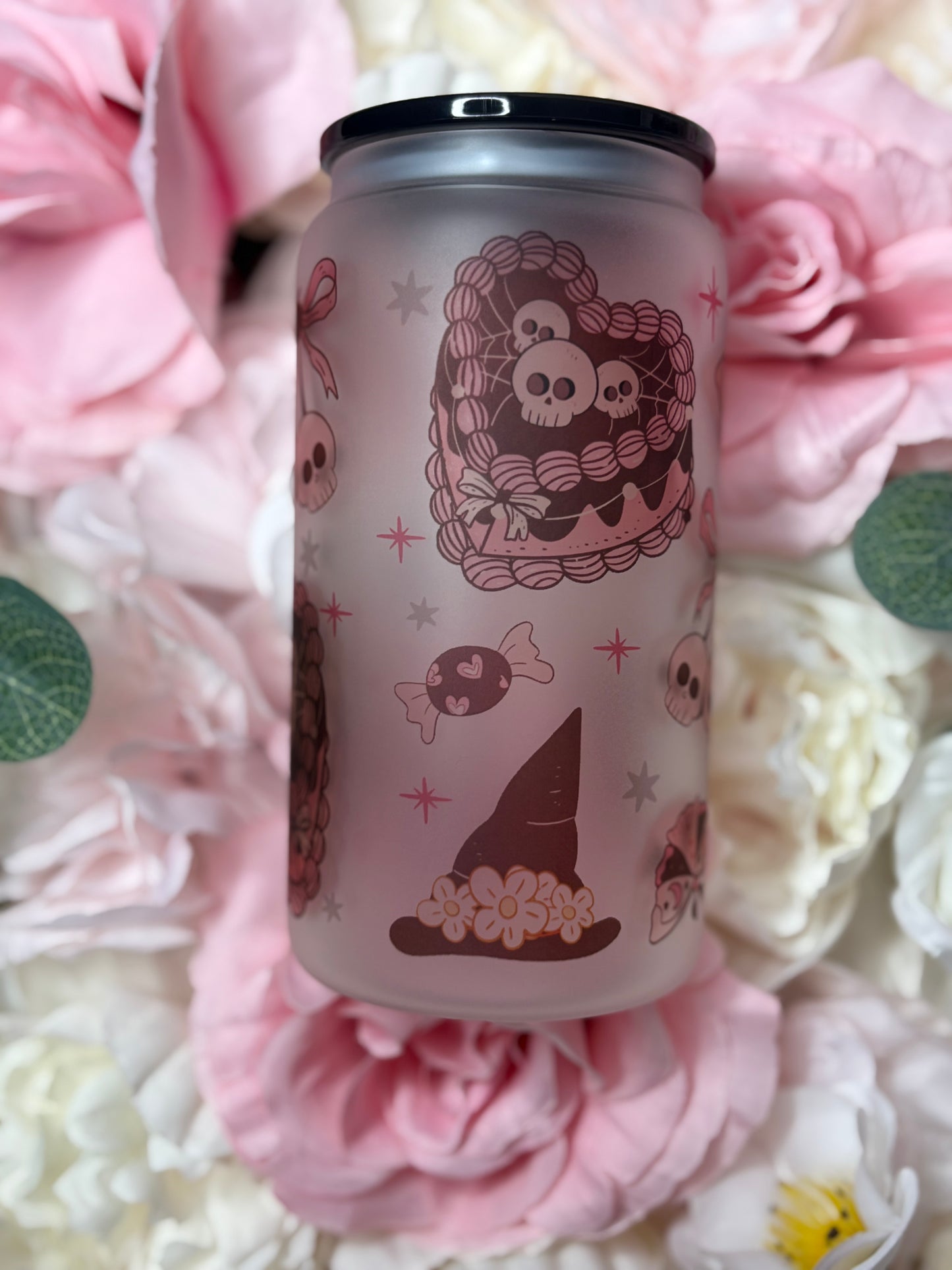 16 oz Frosted Glass Can | Pink and Black Aesthetic Vintage Halloween