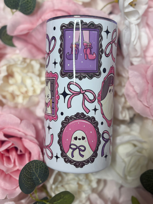 12 oz Mini Skinny Tumbler | Coquette Halloween Themed | Cute Ghost and Cat
