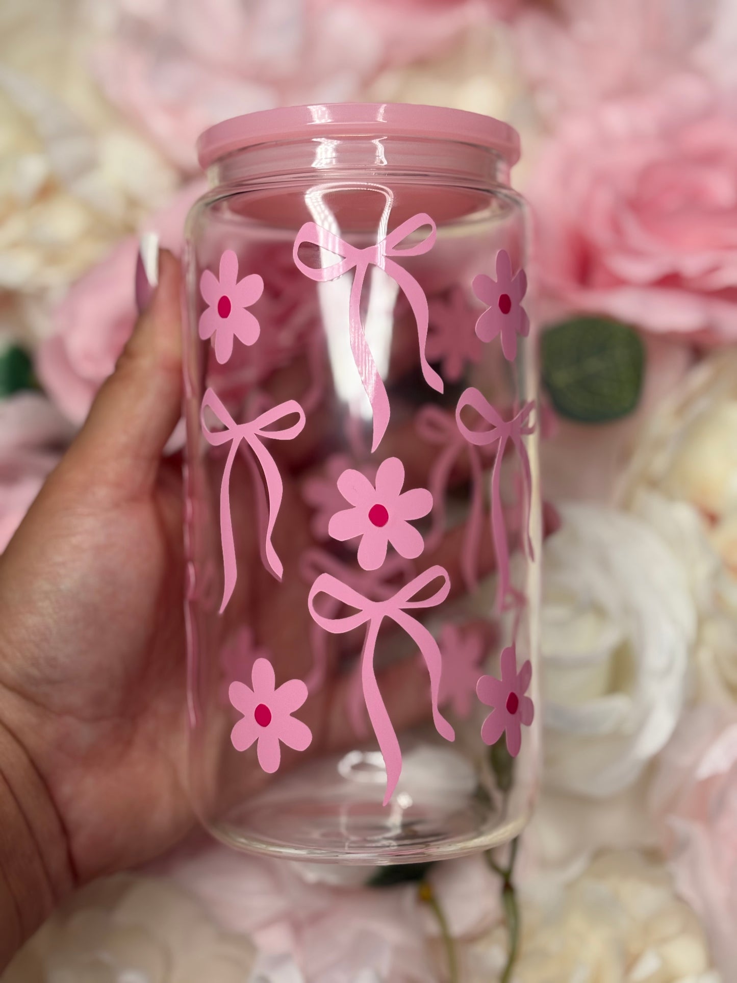 16 oz Glass Can | Pink | Bow with Flowers | Vinyl Design