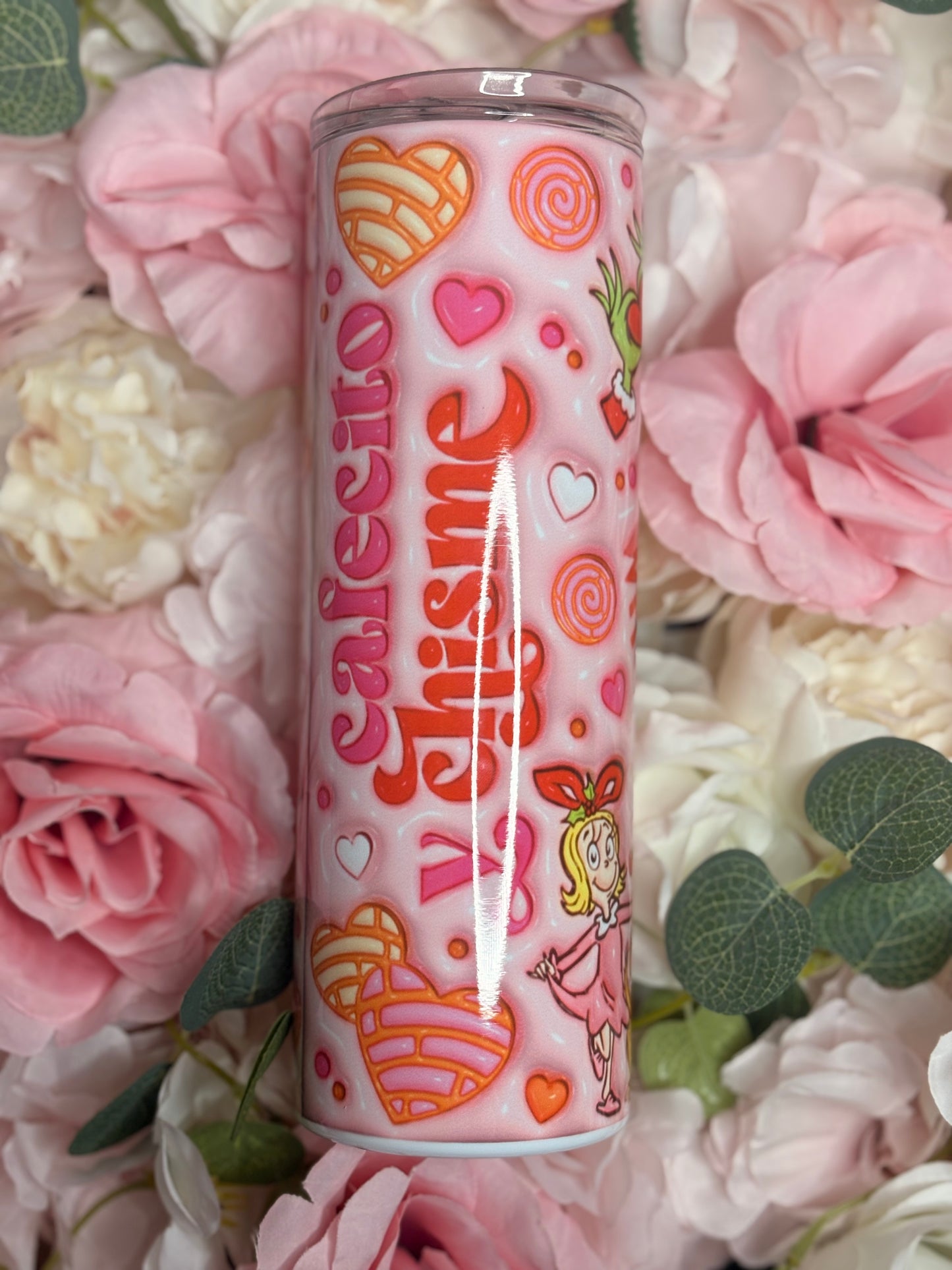 20 oz Skinny Tumbler | Cafecito y Chisme | Christmas Themed | Red | Pink |