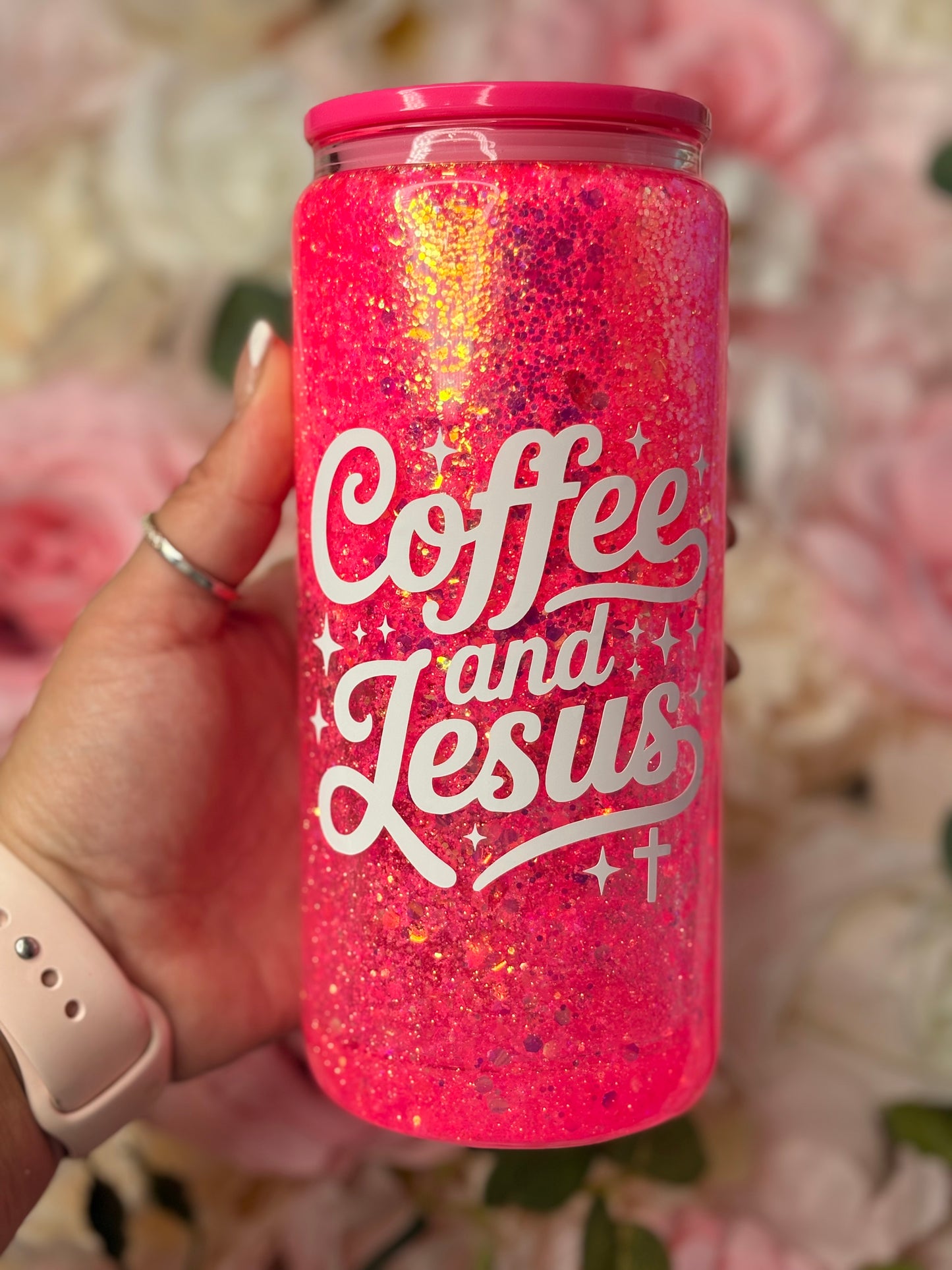 16 oz Snow Globe Glass Can | Coffee and Jesus | Pink | White Vinyl Designs