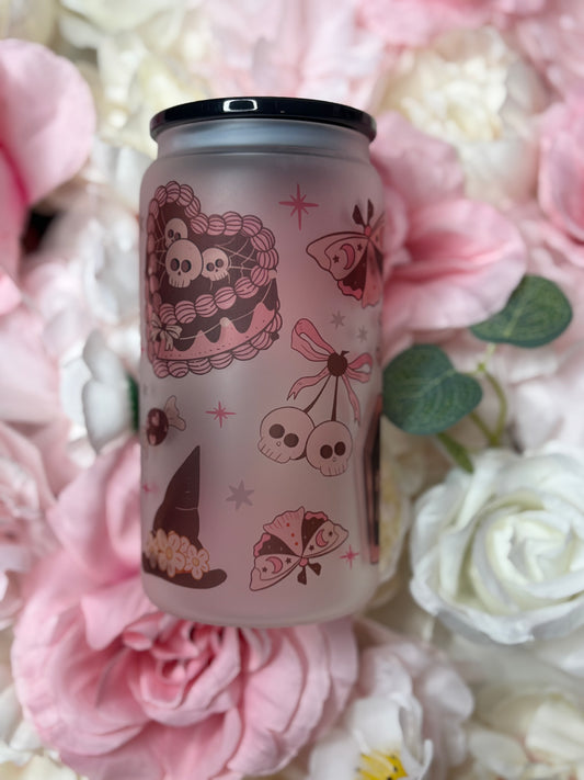 16 oz Frosted Glass Can | Pink and Black Aesthetic Vintage Halloween