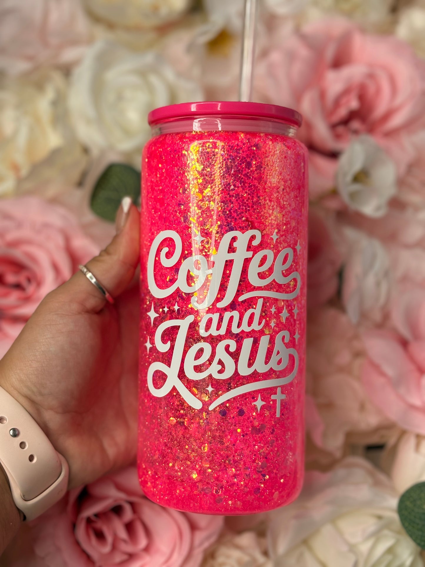 16 oz Snow Globe Glass Can | Coffee and Jesus | Pink | White Vinyl Designs