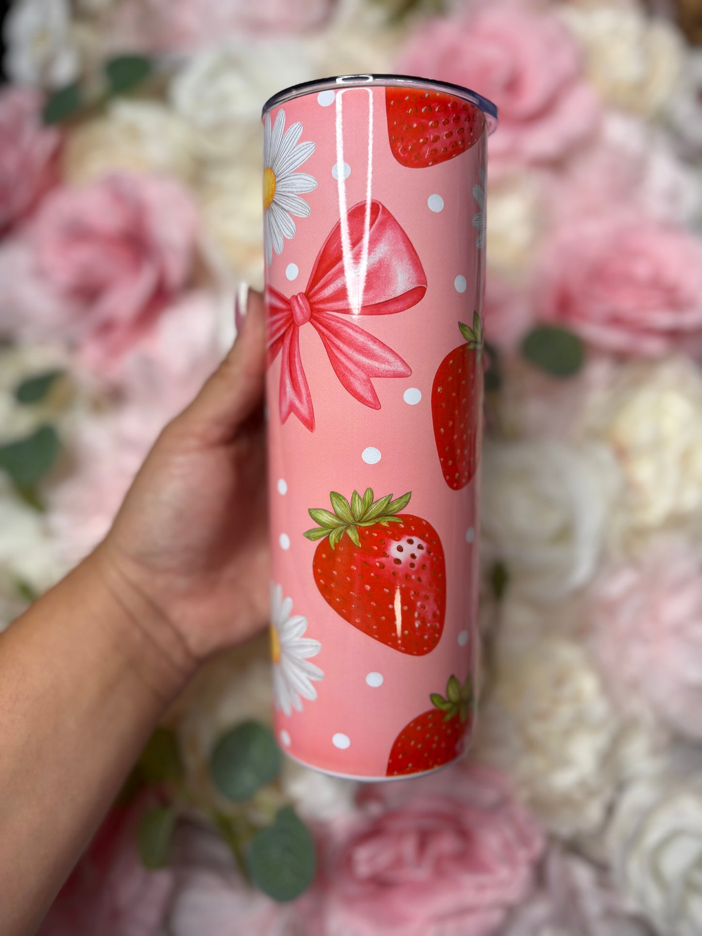 20 oz Skinny Tumbler | Pink, White, Red | Strawberry, Bow and Daisy